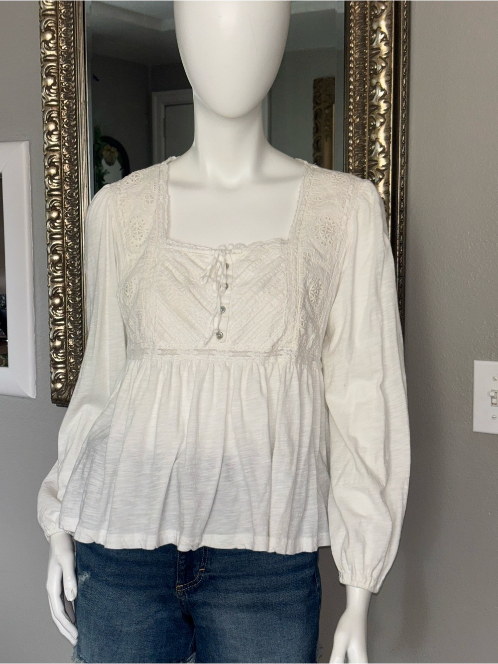 Lucky Brand White Lace-Trim Peasant Blouse